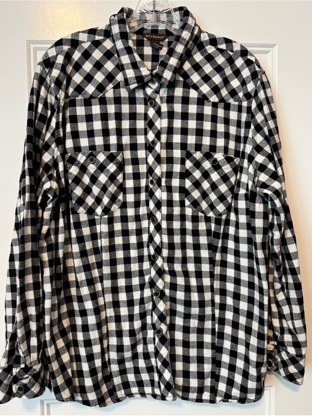 Bit & Bridle Buffalo Plaid Flannel Shirt 1X Black White Western Button Front